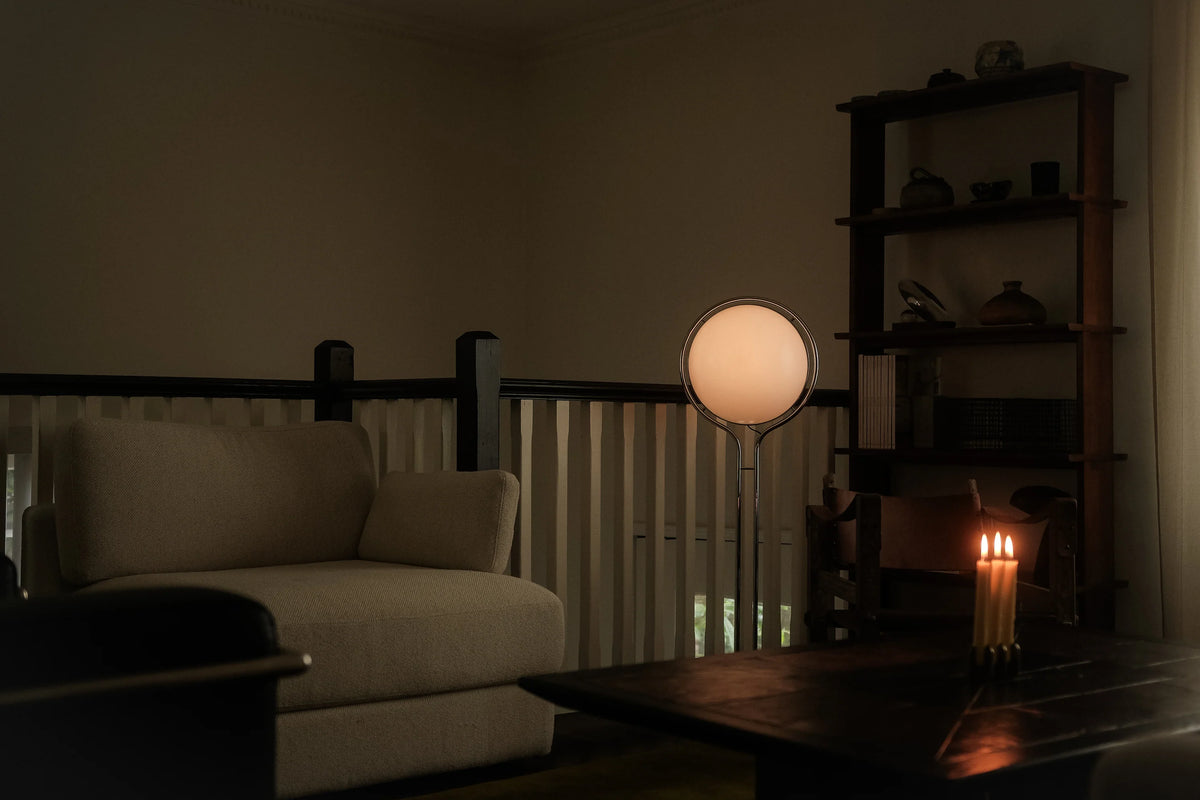 Monument Sphere Lamp — Frosted Opal Globe Chrome Table & Floor Lamp