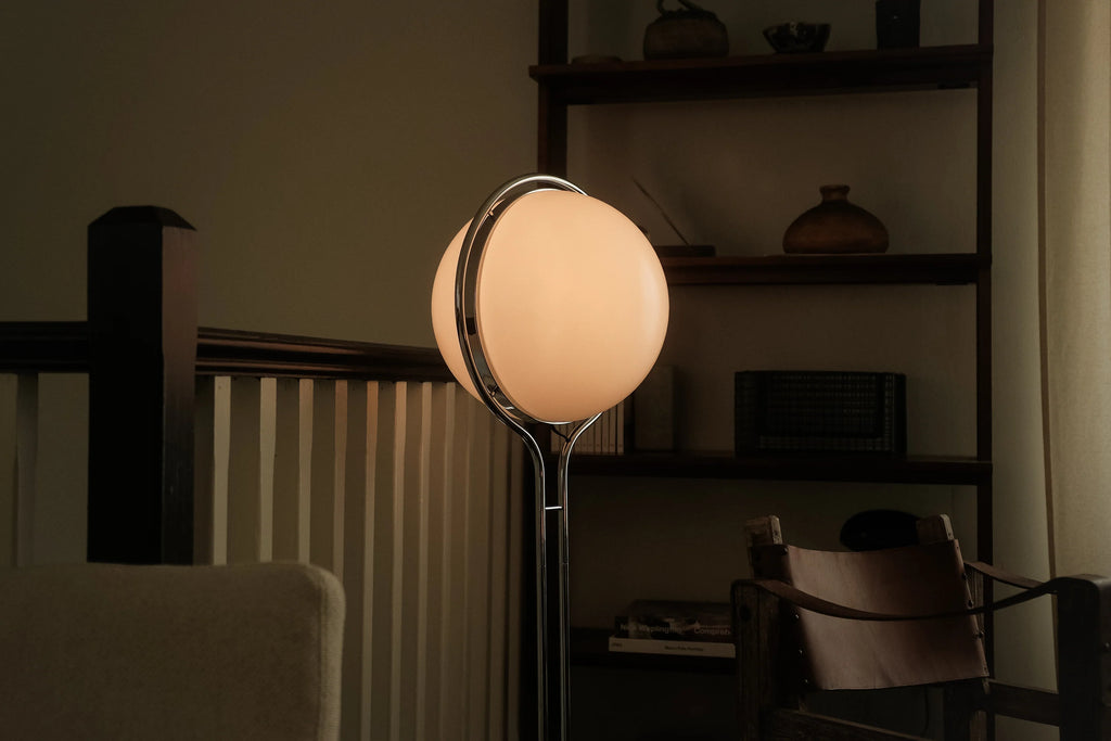 Monument Sphere Lamp — Frosted Opal Globe Chrome Table & Floor Lamp
