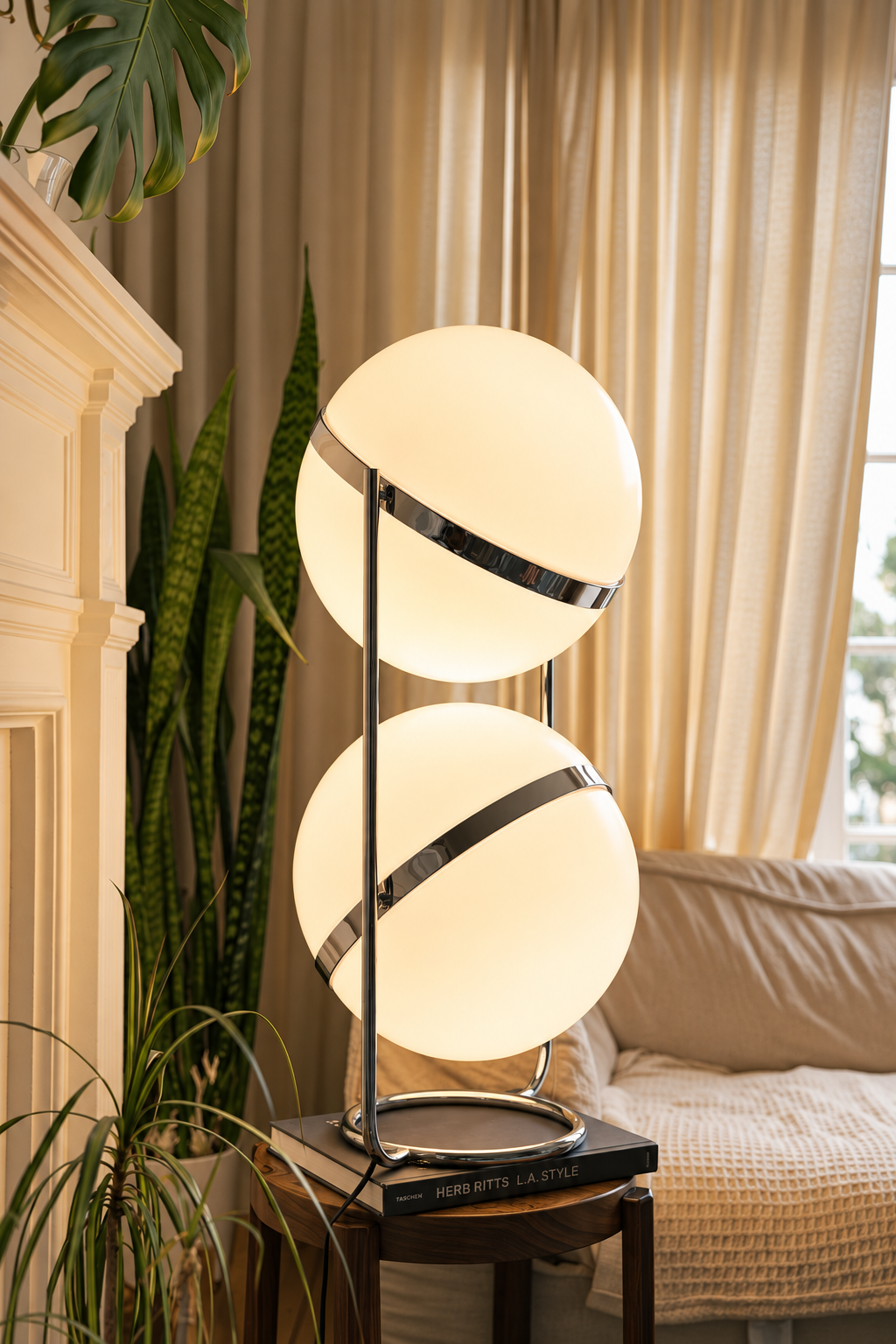Monument Sphere Lamp — Frosted Opal Globe Chrome Table & Floor Lamp