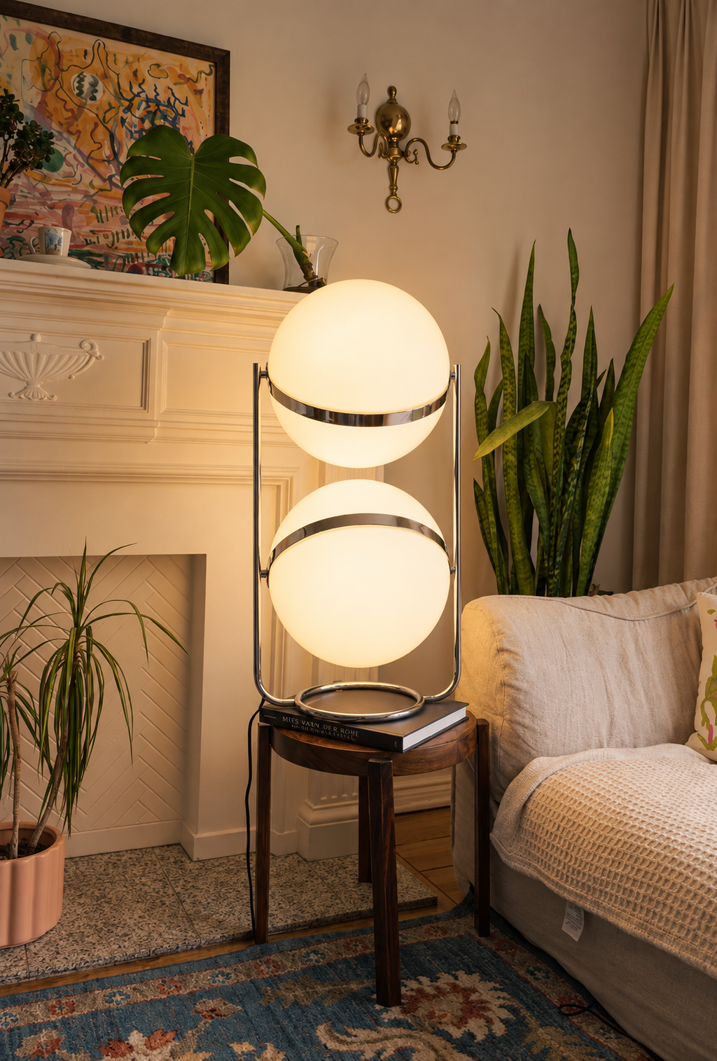 Monument Sphere Lamp — Frosted Opal Globe Chrome Table & Floor Lamp