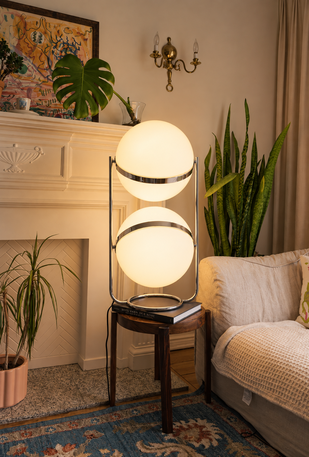 Monument Sphere Lamp — Frosted Opal Globe Chrome Table & Floor Lamp