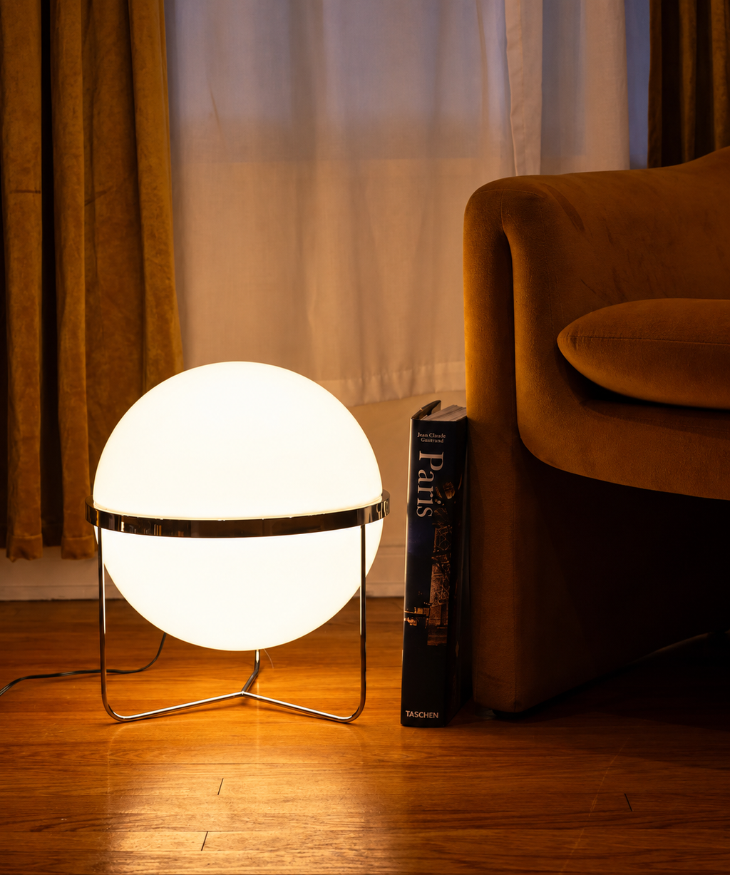 Monument Sphere Lamp — Frosted Opal Globe Chrome Table & Floor Lamp