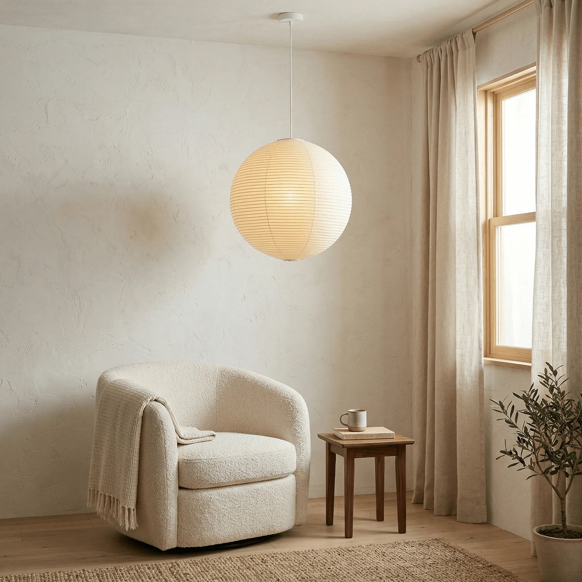 45A Paper Moon — Japanese Rice Paper Pendant Light for Living Rooms, Cafés, and Minimalist Spaces